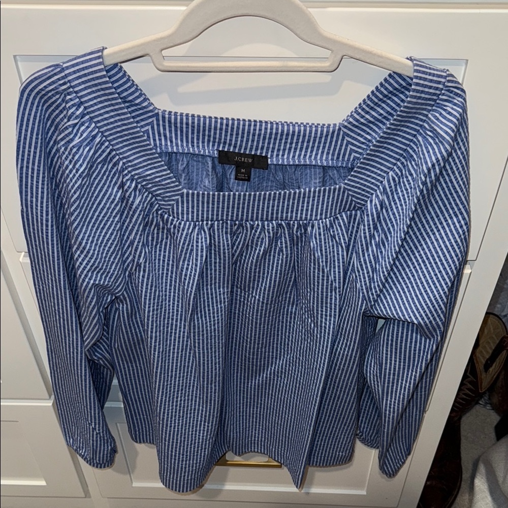 J. Crew Blue and White Puff Sleeve Blouse